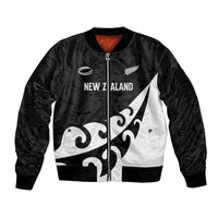 Custom NZ Rugby Sleeve Zip Bomber Jacket Koru and Silver Fern Sporty Style LT03 Unisex Black - Polynesian Pride