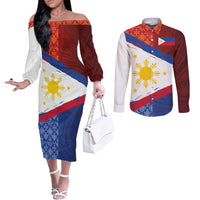 Philippines National Flag Day Couples Matching Off The Shoulder Long Sleeve Dress and Long Sleeve Button Shirt Polynesian and Yakan Tattoo Brush Style