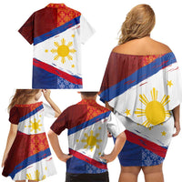 Philippines National Flag Day Family Matching Off Shoulder Short Dress and Hawaiian Shirt Polynesian and Yakan Tattoo Brush Style