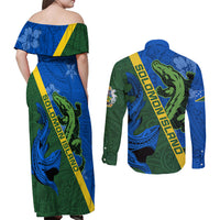 Solomon Island Crocodile and Shark Couples Matching Off Shoulder Maxi Dress and Long Sleeve Button Shirt Polynesian Pattern