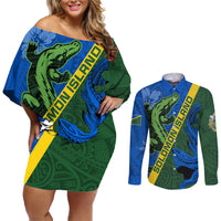 Solomon Island Crocodile and Shark Couples Matching Off Shoulder Short Dress and Long Sleeve Button Shirt Polynesian Pattern LT03 Blue - Polynesian Pride