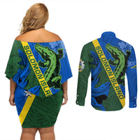 Solomon Island Crocodile and Shark Couples Matching Off Shoulder Short Dress and Long Sleeve Button Shirt Polynesian Pattern LT03 - Polynesian Pride