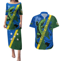 Solomon Island Crocodile and Shark Couples Matching Puletasi and Hawaiian Shirt Polynesian Pattern LT03 Blue - Polynesian Pride