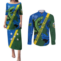 Solomon Island Crocodile and Shark Couples Matching Puletasi and Long Sleeve Button Shirt Polynesian Pattern LT03 Blue - Polynesian Pride