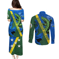 Solomon Island Crocodile and Shark Couples Matching Puletasi and Long Sleeve Button Shirt Polynesian Pattern