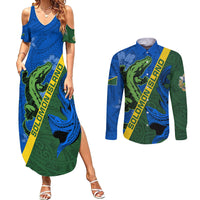 Solomon Island Crocodile and Shark Couples Matching Summer Maxi Dress and Long Sleeve Button Shirt Polynesian Pattern LT03 Blue - Polynesian Pride