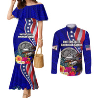 Personalised American Samoa and United States Couples Matching Mermaid Dress and Long Sleeve Button Shirt Bald Eagle and Seal Hibiscus Polynesian Pattern LT03 Blue - Polynesian Pride