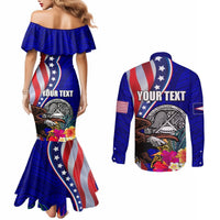 Personalised American Samoa and United States Couples Matching Mermaid Dress and Long Sleeve Button Shirt Bald Eagle and Seal Hibiscus Polynesian Pattern LT03 - Polynesian Pride