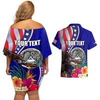 Personalised American Samoa and United States Couples Matching Off Shoulder Short Dress and Hawaiian Shirt Bald Eagle and Seal Hibiscus Polynesian Pattern LT03 - Polynesian Pride