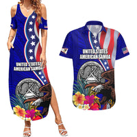 Personalised American Samoa and United States Couples Matching Summer Maxi Dress and Hawaiian Shirt Bald Eagle and Seal Hibiscus Polynesian Pattern LT03 Blue - Polynesian Pride