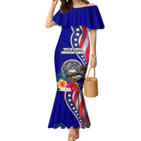 Personalised American Samoa and United States Mermaid Dress Bald Eagle and Seal Hibiscus Polynesian Pattern LT03 Women Blue - Polynesian Pride
