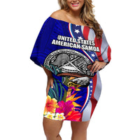 Personalised American Samoa and United States Off Shoulder Short Dress Bald Eagle and Seal Hibiscus Polynesian Pattern LT03 Women Blue - Polynesian Pride