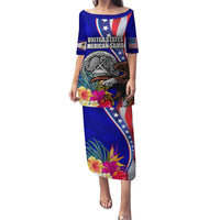 Personalised American Samoa and United States Puletasi Bald Eagle and Seal Hibiscus Polynesian Pattern LT03 Long Dress Blue - Polynesian Pride