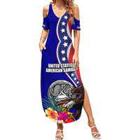 Personalised American Samoa and United States Summer Maxi Dress Bald Eagle and Seal Hibiscus Polynesian Pattern LT03 Women Blue - Polynesian Pride
