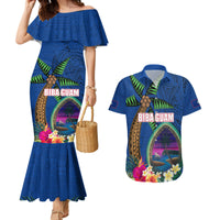 Guam Liberation Day 80th Anniversary Couples Matching Mermaid Dress and Hawaiian Shirt Palm Tree and Seal Artwork Hibiscus Polynesian Pattern LT03 Blue - Polynesian Pride