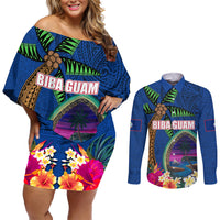Guam Liberation Day 80th Anniversary Couples Matching Off Shoulder Short Dress and Long Sleeve Button Shirt Palm Tree and Seal Artwork Hibiscus Polynesian Pattern LT03 Blue - Polynesian Pride