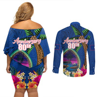 Guam Liberation Day 80th Anniversary Couples Matching Off Shoulder Short Dress and Long Sleeve Button Shirt Palm Tree and Seal Artwork Hibiscus Polynesian Pattern