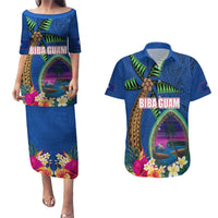 Guam Liberation Day 80th Anniversary Couples Matching Puletasi and Hawaiian Shirt Palm Tree and Seal Artwork Hibiscus Polynesian Pattern LT03 Blue - Polynesian Pride