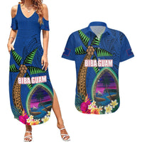 Guam Liberation Day 80th Anniversary Couples Matching Summer Maxi Dress and Hawaiian Shirt Palm Tree and Seal Artwork Hibiscus Polynesian Pattern LT03 Blue - Polynesian Pride