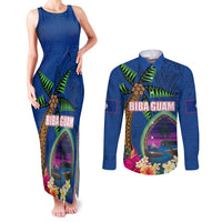 Guam Liberation Day 80th Anniversary Couples Matching Tank Maxi Dress and Long Sleeve Button Shirt Palm Tree and Seal Artwork Hibiscus Polynesian Pattern