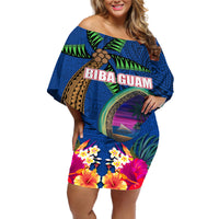 Guam Liberation Day 80th Anniversary Off Shoulder Short Dress Palm Tree and Seal Artwork Hibiscus Polynesian Pattern LT03 Women Blue - Polynesian Pride