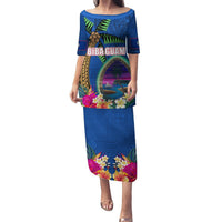 Guam Liberation Day 80th Anniversary Puletasi Palm Tree and Seal Artwork Hibiscus Polynesian Pattern LT03 Long Dress Blue - Polynesian Pride