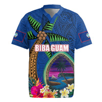 Guam Liberation Day 80th Anniversary Rugby Jersey Palm Tree and Seal Artwork Hibiscus Polynesian Pattern LT03 Blue - Polynesian Pride