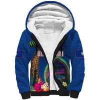 Guam Liberation Day 80th Anniversary Sherpa Hoodie Palm Tree and Seal Artwork Hibiscus Polynesian Pattern LT03 Unisex Blue - Polynesian Pride