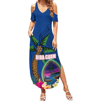 Guam Liberation Day 80th Anniversary Summer Maxi Dress Palm Tree and Seal Artwork Hibiscus Polynesian Pattern LT03 Women Blue - Polynesian Pride