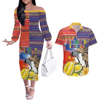 Philippines Kadayawan Couples Matching Off The Shoulder Long Sleeve Dress and Hawaiian Shirt Filipino Eagle Durian with Polynesian and Igorots Pattern