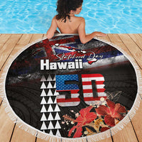 Hawaii Statehood Day Beach Blanket 50th state of the United States Kakau Tattoos and Hibiscus Grunge - Polynesian Pride
