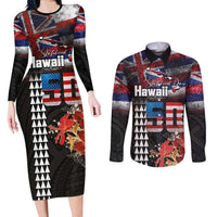 Hawaii Statehood Day Couples Matching Long Sleeve Bodycon Dress and Long Sleeve Button Shirt 50th state of the United States Kakau Tattoos and Hibiscus Grunge - Polynesian Pride
