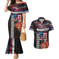 Hawaii Statehood Day Couples Matching Mermaid Dress and Hawaiian Shirt 50th state of the United States Kakau Tattoos and Hibiscus Grunge - Polynesian Pride