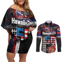 Hawaii Statehood Day Couples Matching Off Shoulder Short Dress and Long Sleeve Button Shirt 50th state of the United States Kakau Tattoos and Hibiscus Grunge - Polynesian Pride