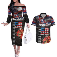 Hawaii Statehood Day Couples Matching Off The Shoulder Long Sleeve Dress and Hawaiian Shirt 50th state of the United States Kakau Tattoos and Hibiscus Grunge - Polynesian Pride