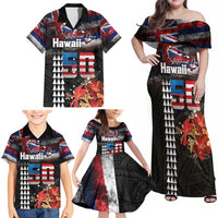 Hawaii Statehood Day Family Matching Off Shoulder Maxi Dress and Hawaiian Shirt 50th state of the United States Kakau Tattoos and Hibiscus Grunge - Polynesian Pride
