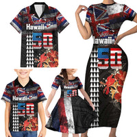Hawaii Statehood Day Family Matching Short Sleeve Bodycon Dress and Hawaiian Shirt 50th state of the United States Kakau Tattoos and Hibiscus Grunge - Polynesian Pride
