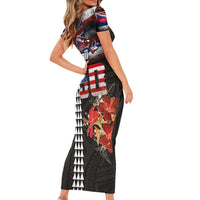 Hawaii Statehood Day Family Matching Short Sleeve Bodycon Dress and Hawaiian Shirt 50th state of the United States Kakau Tattoos and Hibiscus Grunge - Polynesian Pride
