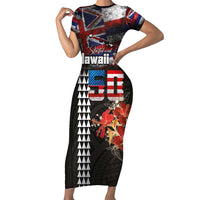 Hawaii Statehood Day Short Sleeve Bodycon Dress 50th state of the United States Kakau Tattoos and Hibiscus Grunge - Polynesian Pride