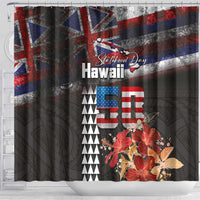 Hawaii Statehood Day Shower Curtain 50th state of the United States Kakau Tattoos and Hibiscus Grunge - Polynesian Pride