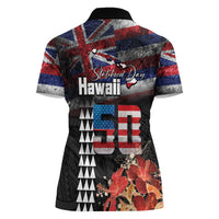 Hawaii Statehood Day Women Polo Shirt 50th state of the United States Kakau Tattoos and Hibiscus Grunge - Polynesian Pride