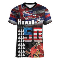 Hawaii Statehood Day Women V-Neck T-Shirt 50th state of the United States Kakau Tattoos and Hibiscus Grunge - Polynesian Pride