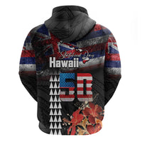 Hawaii Statehood Day Zip Hoodie 50th state of the United States Kakau Tattoos and Hibiscus Grunge - Polynesian Pride