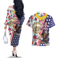 Hawaii and United States Together Couples Matching Off The Shoulder Long Sleeve Dress and Hawaiian Shirt Seal of Hawaii and Bald Eagle - Polynesian Pride