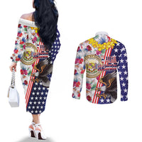 Hawaii and United States Together Couples Matching Off The Shoulder Long Sleeve Dress and Long Sleeve Button Shirt Seal of Hawaii and Bald Eagle - Polynesian Pride