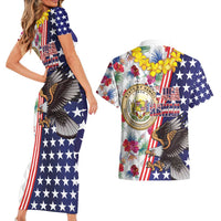Hawaii and United States Together Couples Matching Short Sleeve Bodycon Dress and Hawaiian Shirt Seal of Hawaii and Bald Eagle - Polynesian Pride
