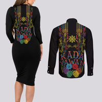 Philippines Kadayawan Festival Couples Matching Long Sleeve Bodycon Dress and Long Sleeve Button Shirt Polynesian Tribal Art Barong Style LT03 - Polynesian Pride