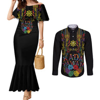 Philippines Kadayawan Festival Couples Matching Mermaid Dress and Long Sleeve Button Shirt Polynesian Tribal Art Barong Style LT03 Black - Polynesian Pride