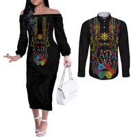 Philippines Kadayawan Festival Couples Matching Off The Shoulder Long Sleeve Dress and Long Sleeve Button Shirt Polynesian Tribal Art Barong Style LT03 Black - Polynesian Pride