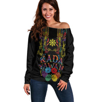 Philippines Kadayawan Festival Off Shoulder Sweater Polynesian Tribal Art Barong Style LT03 Women Black - Polynesian Pride